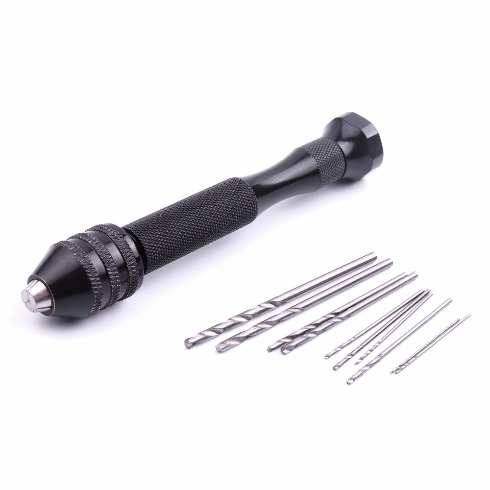 1pc Black Handle Drill Bit with 10pcs Twist Drill Bits Aluminum Alloy Carving Tools Hand Woodworking Watch Repair Tool