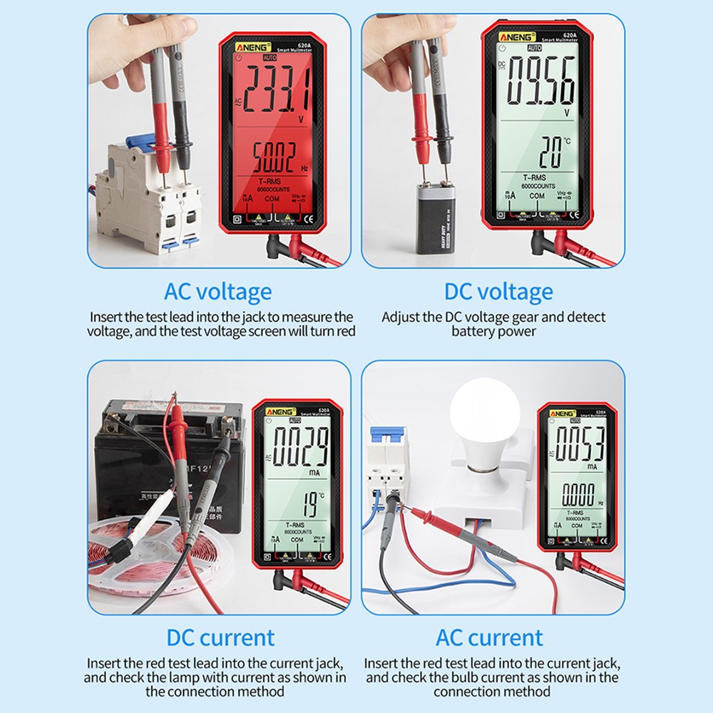 Anning 620A Digital Smart Multimeter Transistor Tester 6000 Counts True RMS Auto Electrical Capacitance Meter Resistance Temperature