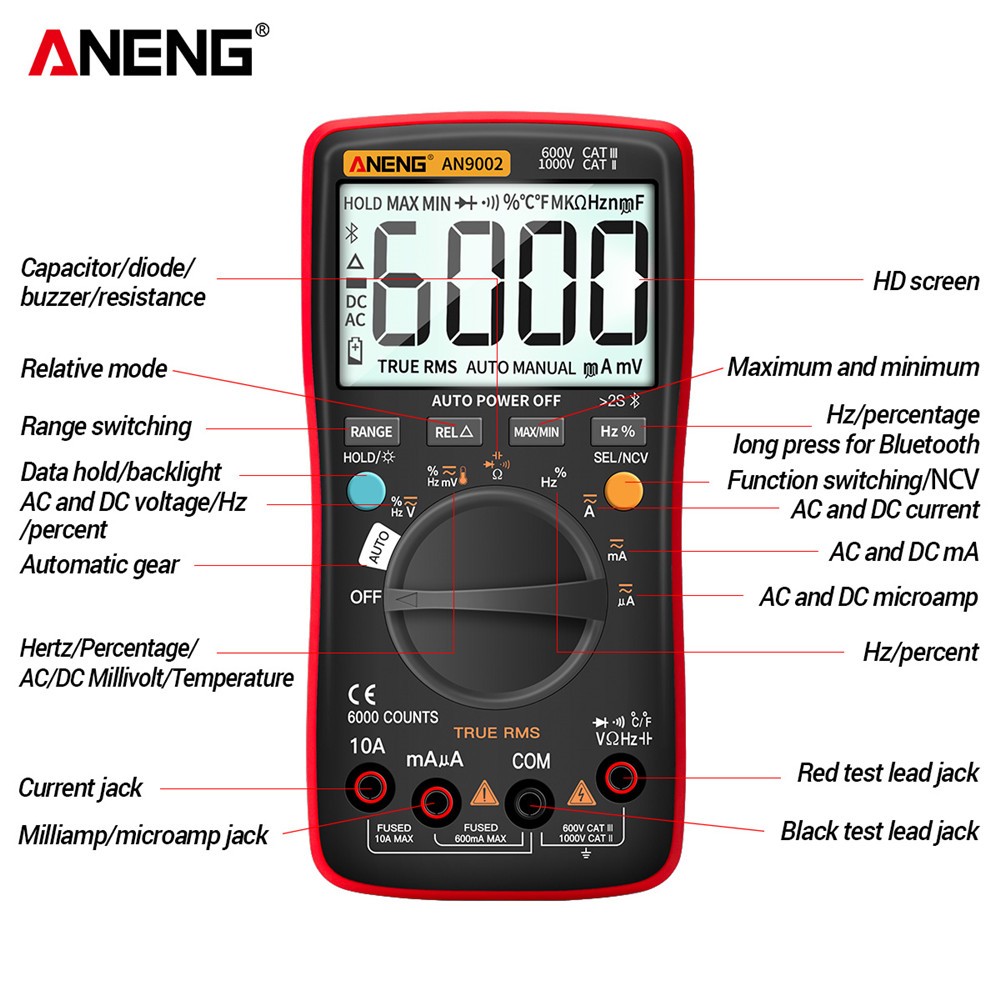 ANENG AN9002 Bluetooth Digital Multimeter 6000 Counts Professional Multimeter RMS AC/DC Voltage Tester Current Auto Range