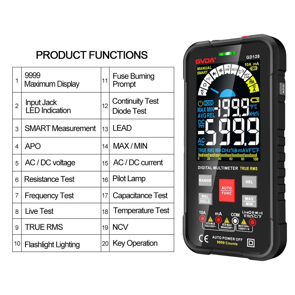 GVDA 9999 Digital Multimeter Voltmeter DMM AC True RMS DC NCV Potentiometer Smart Ammeter Capacitance Automatic Range Meter