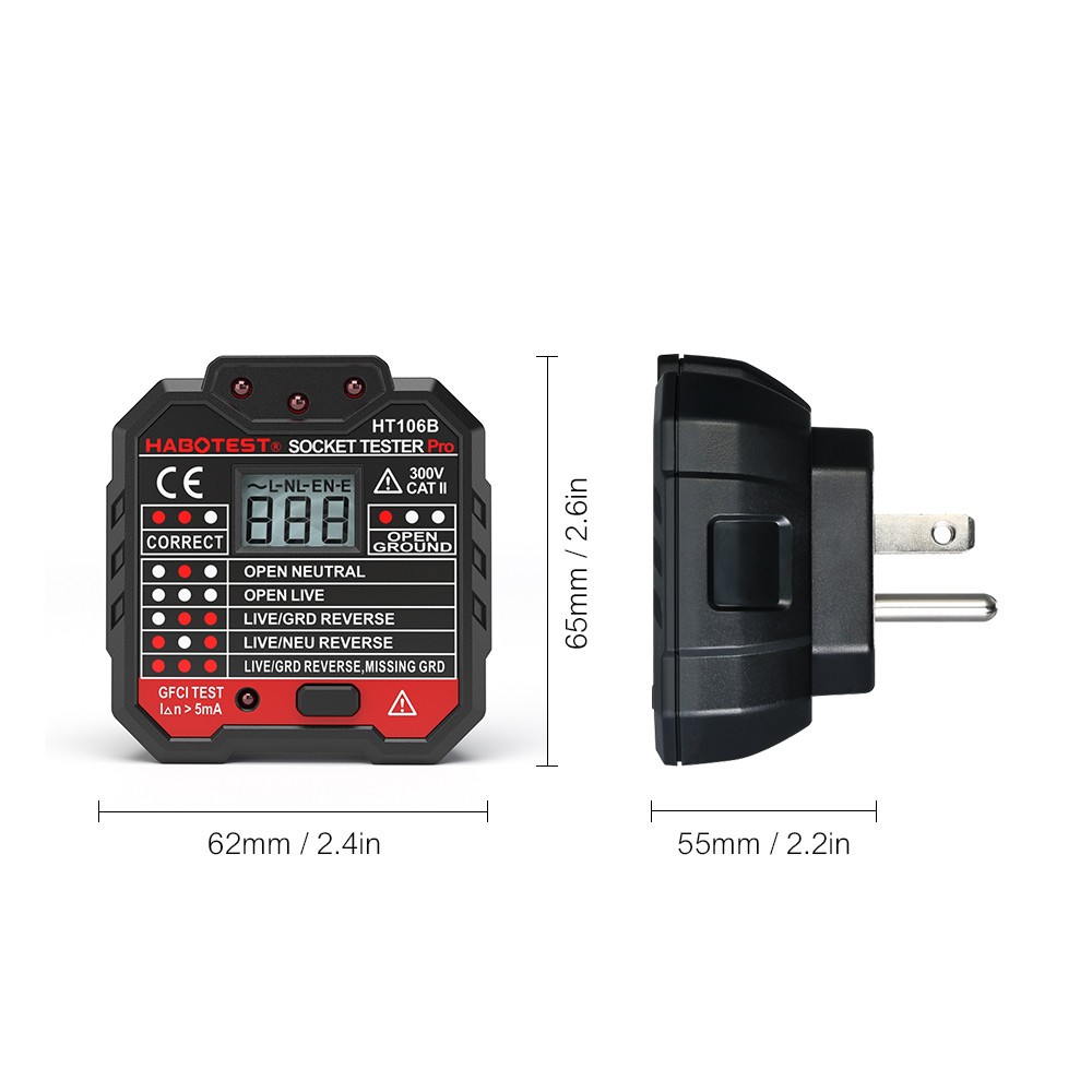 HT106 Digital Display Socket Voltage Tester Ground Line Detector Zero Polarity Socket Phase Check Advanced Plug Finder