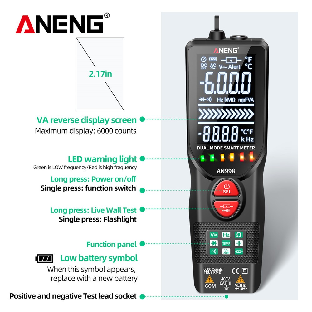 ANENG AN998 Automatic Digital 6000 Counts Professional Multimeter Electric Auto Ranging AC/DC Voltmeter Temperature Ohm Hz Detector Tool