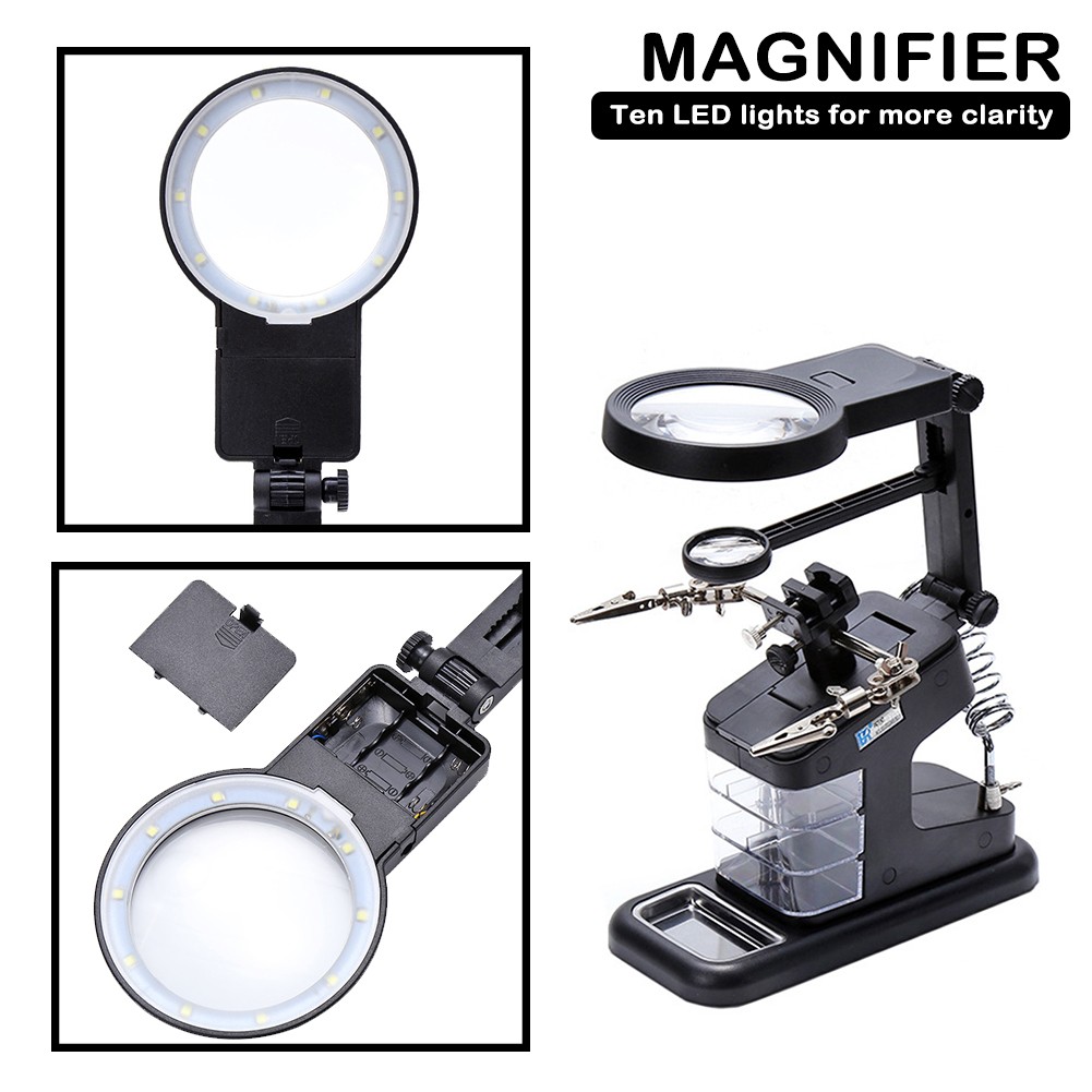 متعددة الوظائف لحام عدسة مكبرة بإضاءة ليد 3X 4.5X 25Xmagnifying الزجاج التمساح حامل قصاصة المشبك مساعدة اليد أداة إصلاح للحام