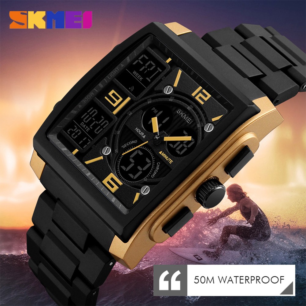 SKMEI 1274 Men's 5ATM Waterproof Students Quartz Wristwatch Digital Alarm Date Year EL Backlight Chronograph EL Lighting Chip