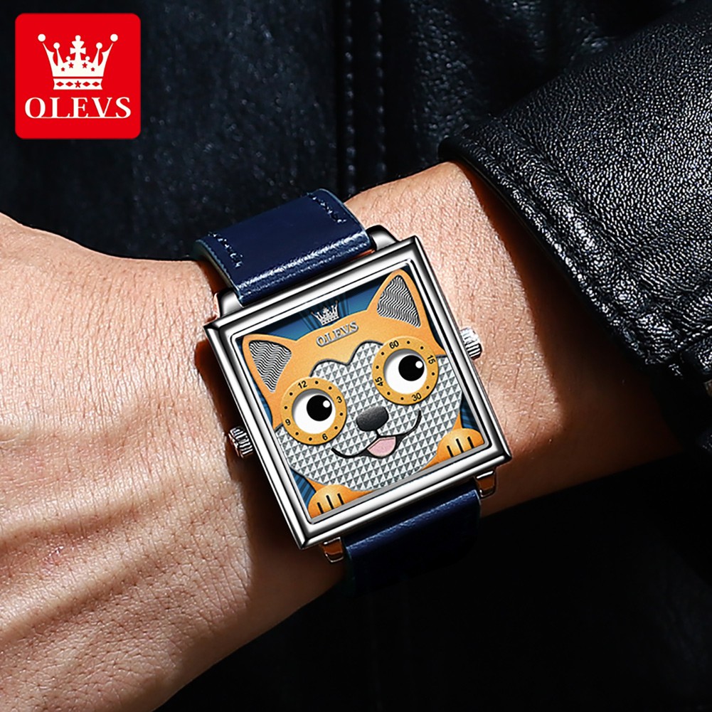 OLEVS Square Trendy Corium Strap Women Wristwatches Quartz Fashion Waterproof Watches for Women Cartoon Dog Watch