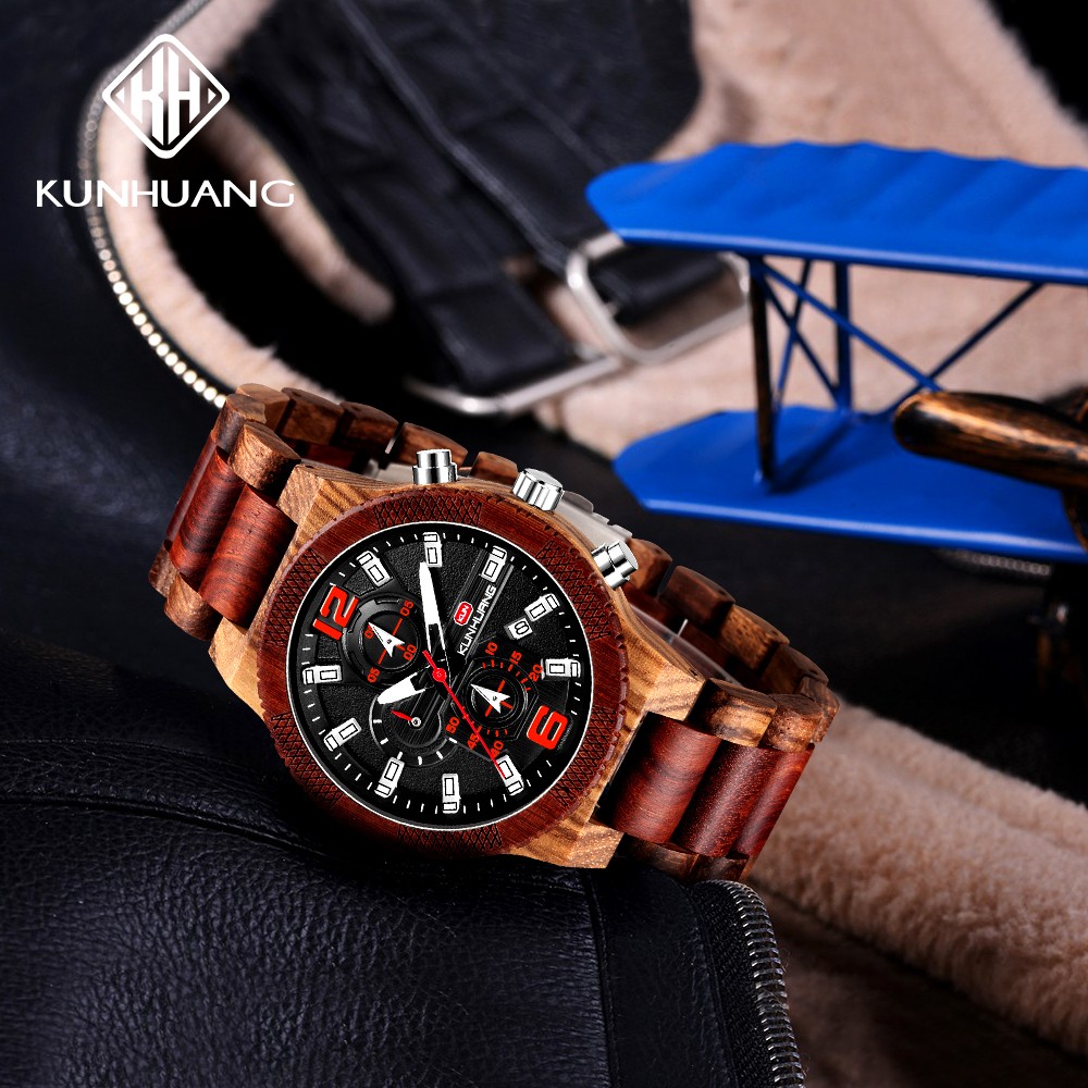 Kunhuang Business Men's Watch Wooden Stopwatch Date Display Chronograph Quartz Wrist Watches relogio masculino