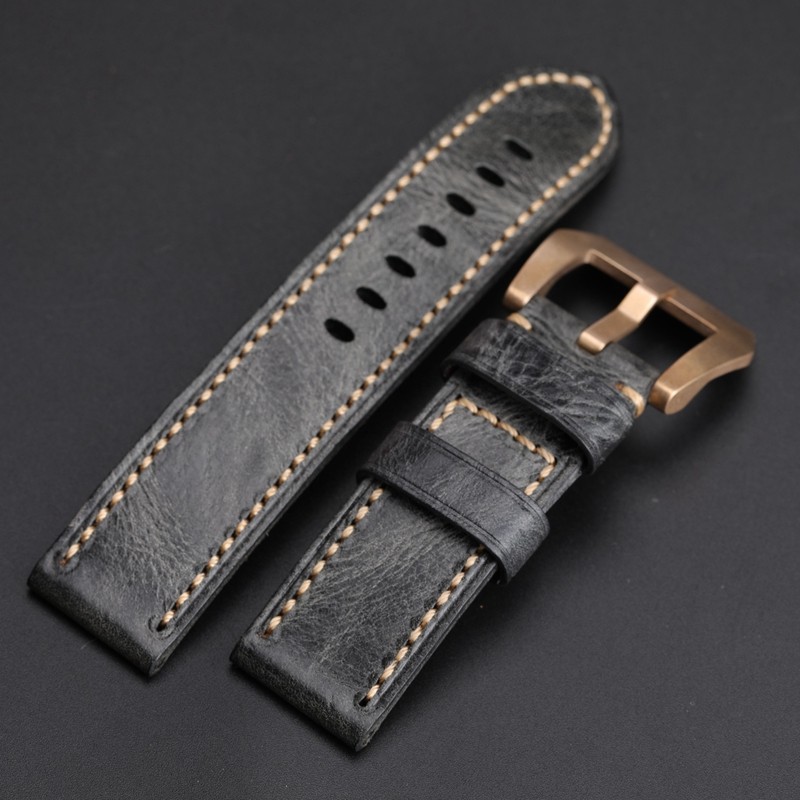 Hand Folded Smoky Gray Leather Watchband Compatible with BAM Bronze Watch Strap 20 22 24 26mm Soft Vintage Bracelet