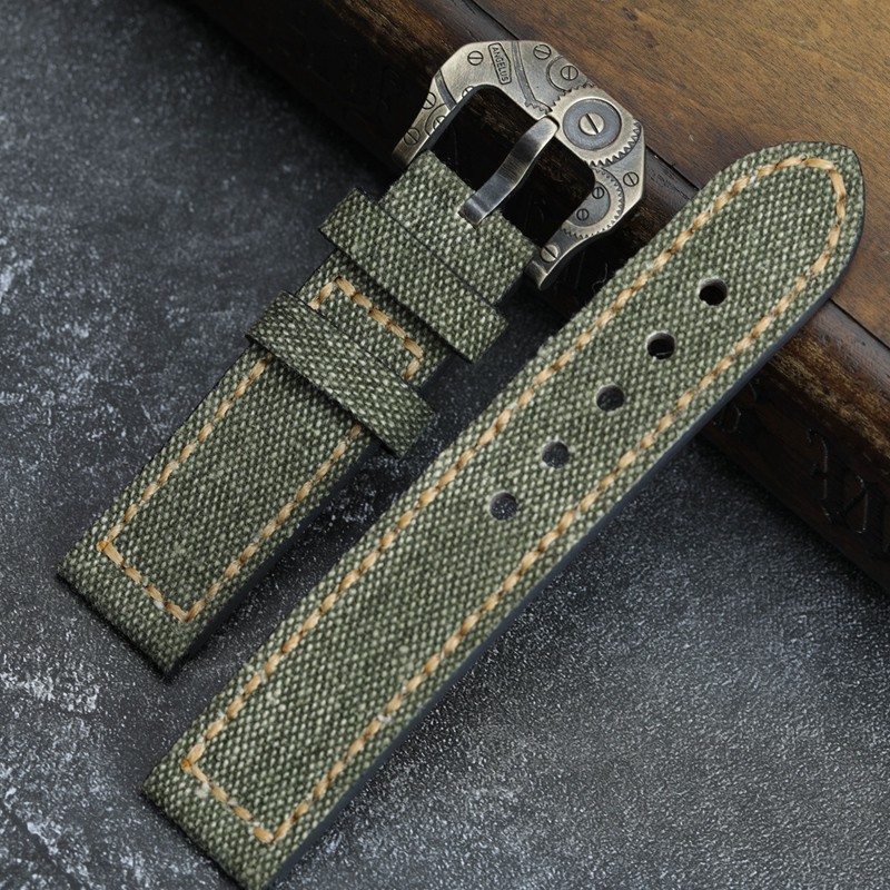 Handmade Canvas + Leather Watchband 20 22 24 26mm Compatible Bronze Strap Personalized Bronze Buckle