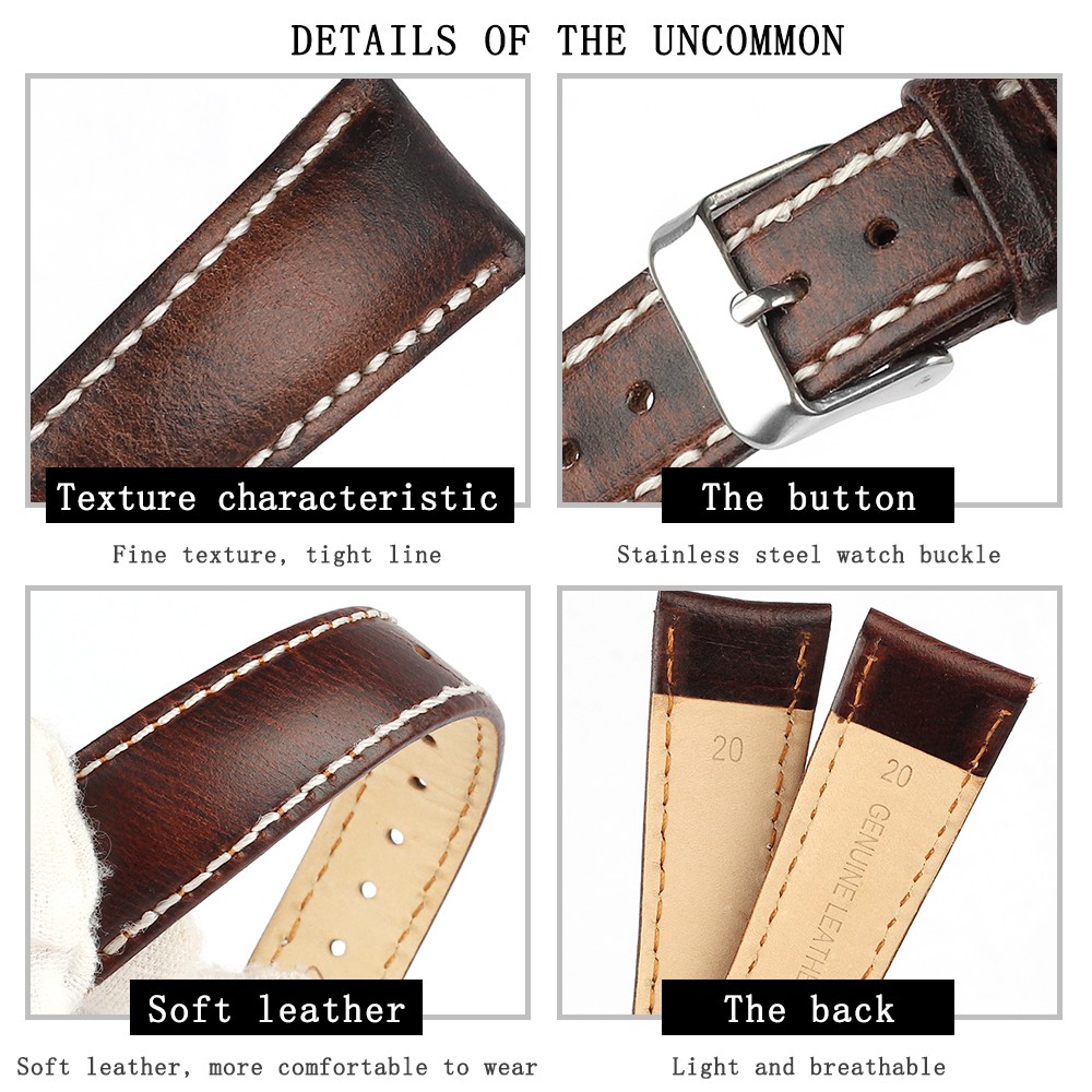 Retro Cowhide Watch Strap 20mm 22mm Red Brown Dark Coffee Half Arc Deformed Oil Wax Genuine Leather Strap Watchband Replacement Strap