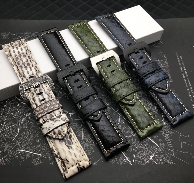 Top Quality 22mm 24mm Red White Black Green Blue Snake Real Calfskin Watchband for Panerai Strap Watch Band Pin Buckle Tool