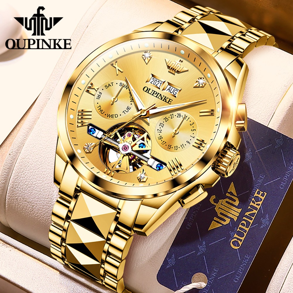 OUPINK Men's Watch 40mm Gold Men Mechanical Watches 50M Waterproof Top Brand Sapphire Glass Stainless Steel Business 142857