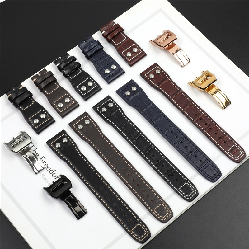 21mm 22mm Genuine Cowhide Leather Watchband with Stud for IWC Pilot PORTOFINO Portuguese Watch Strap Folding Buckle Accessories