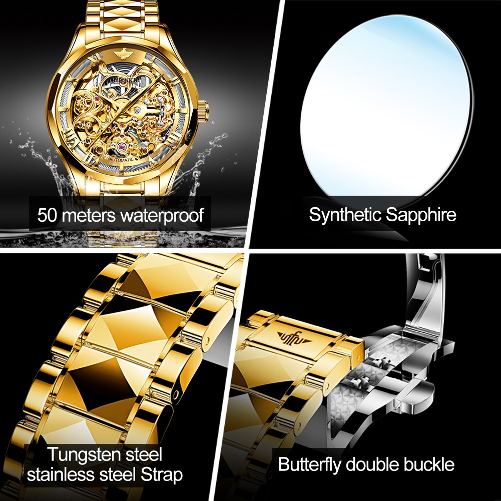 OUPINKE Watches For Men Skeleton Automatic Mechanical Watch Self Winding Sapphire Crystal Luxury Dress Tungsten Steel Water Resistant