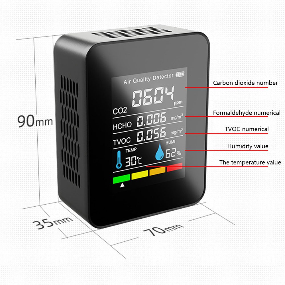 CO2 متر كاشف جودة الهواء CO2 اختبار مع ثاني أكسيد الكربون TVOC HCHO قيمة الكهرباء كمية درجة الحرارة الرطوبة الكاشف