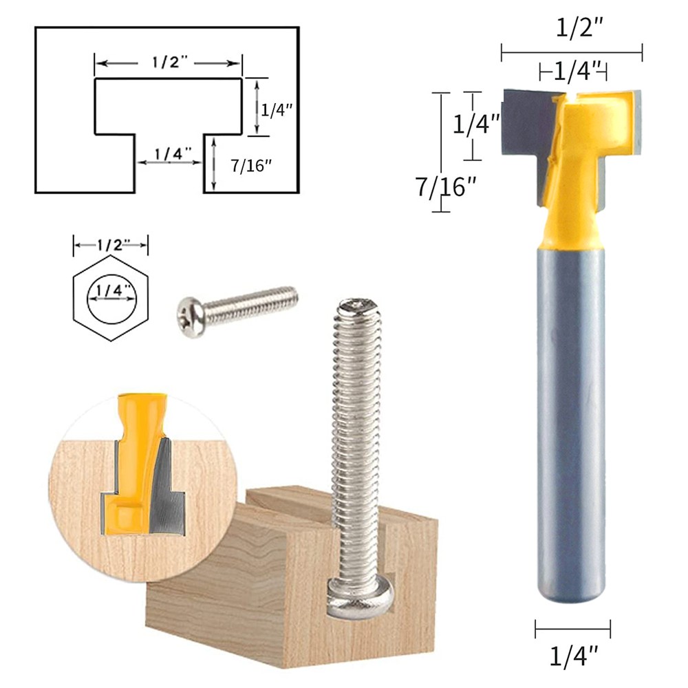 2pcs 1/4" Shank Keyhole Router Bit Set T-Slot Milling Cutter Hex Bolt Key Hole Bits for Wood Woodworking Tools