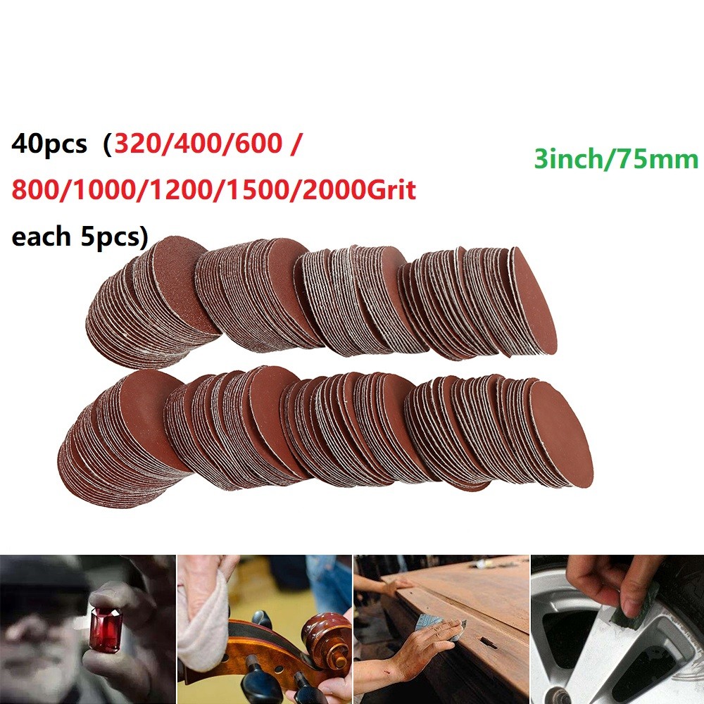 40pcs/set 3 inch 75mm sanding discs hook loop sandpaper abrasive sand sheets 320/400/600/800/1000/1200/1500/2000 grit