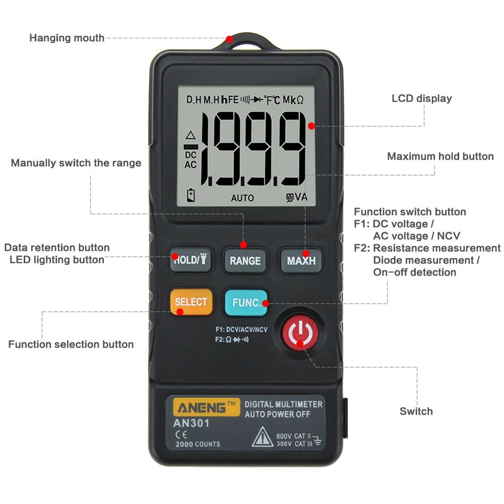 ANENG AN302 Professional Digital Multimeter 7999 Display DC/AC Voltmeter Tester Capacitance Diode NCV Ohm Resistance Hz Test