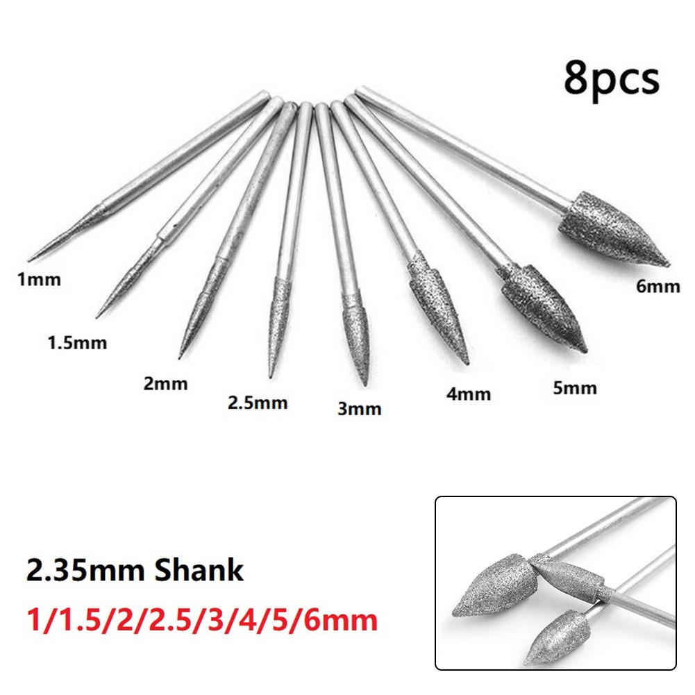 8Pcs 2.35mm Shank Electroplating Diamond Grinding Head Polished Needle Carving Suitable For Polished Crafts Grinding Head Tool