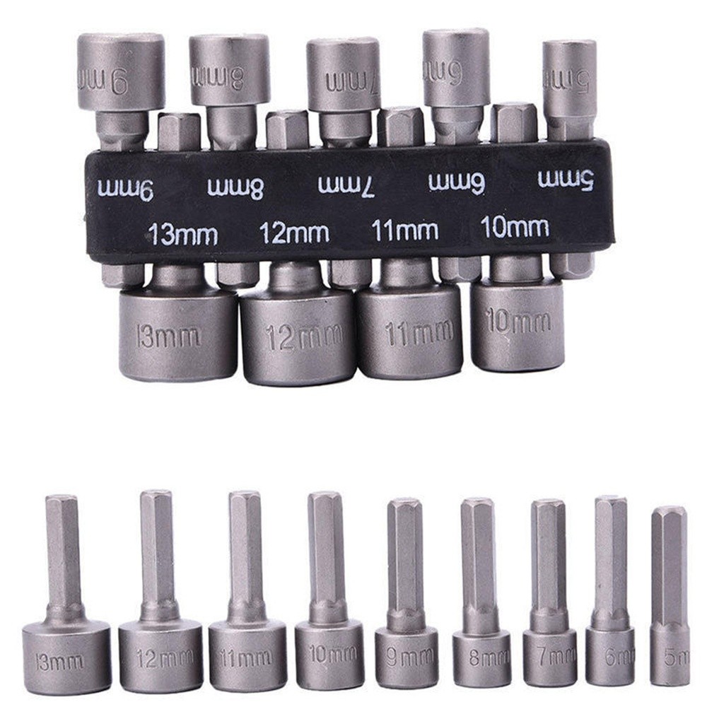 9pcs Power Head Screwdriver Hex Shank Drill Bit Adapter Socket Adapter Wrench Screw Tool 5mm-13mm Adapter Magnetic Shank Screw Drill