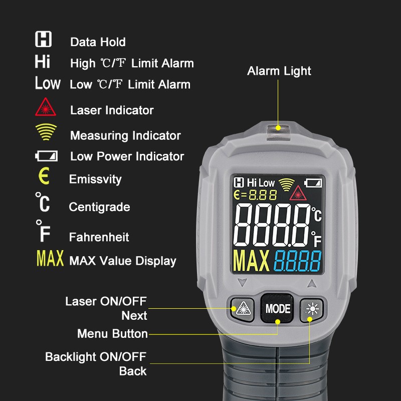 Habotest HT650 Non Contact Digital Infrared Thermometer IR Thermometer Gun Light Sound Alarm Outdoor Industrial Used LCD Display