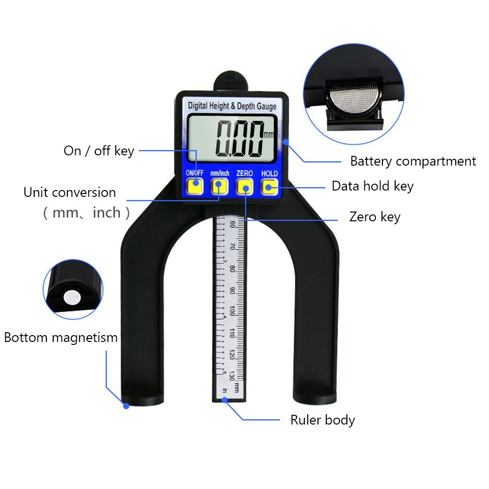 Digital LCD Depth Gauge Height Gauge 0-80mm 0.01mm Caliper with Magnetic Feet for Tables Router Woodworking Measuring Tools