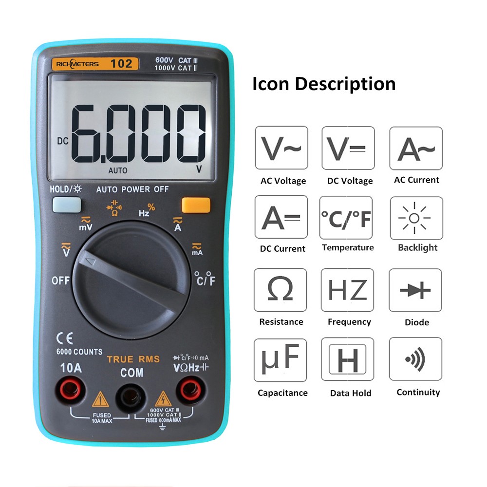 Richmeter RM102 Multifunctional Digital Multimeter AC/DC Voltage Current Tongs Resistance Diode Capacitance Temperature Meter