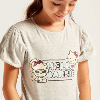 Sanrio Graphic Print Top with Round Neck and Short Sleeves