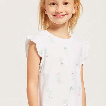 Juniors Print Round Neck Night Dress with Ruffled Sleeves - Set of 2