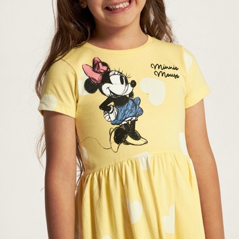 Disney Minnie Mouse Print Dress with Round Neck and Short Sleeves