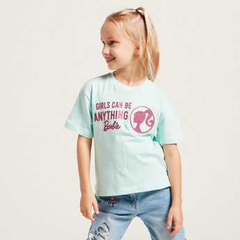 Barbie Embellished Print T-shirt with Short Sleeves