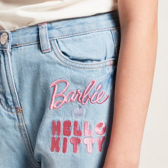 Sanrio Embroidered Denim Pants with Pockets and Button Closure