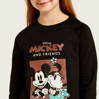 Disney Mickey and Minnie Print Round Neck T-shirt Dress with Long Sleeves