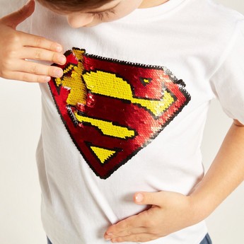 Super-Man Sequin Embellished T-shirt with Short Sleeves