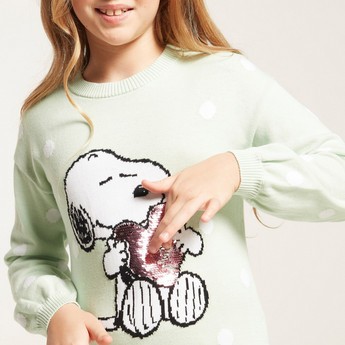 Snoopy Print Pullover with Sequin Detail and Long Sleeves