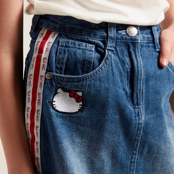 Hello Kitty Embroidered Denim Skirt with Pockets and Button Closure