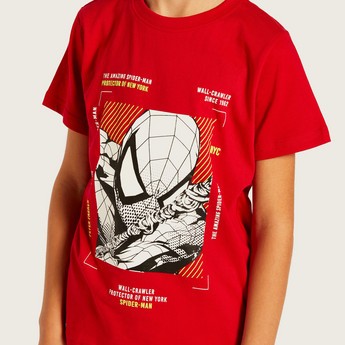 Spiderman Print T-shirt with Crew Neck and Short Sleeves