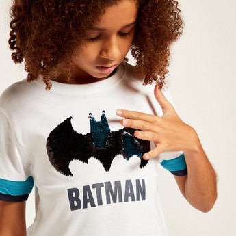 Batman Sequin Detail Graphic Printed T-shirt with Short Sleeves