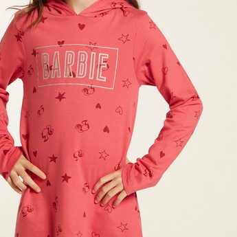 Barbie Print Sleep Dress with Hooded Neck and Long Sleeves