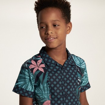 Juniors All Over Print Shirt with Short Sleeves and Button Closure