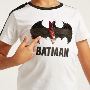 Batman Print with Sequin Detail T-shirt and Short Sleeves