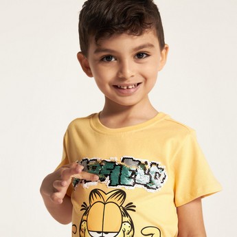 Garfield Sequin Embellished Round Neck T-shirt with Short Sleeves