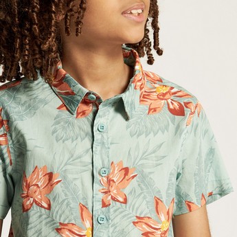 Juniors Tropical Print Shirt with Short Sleeves and Button Closure