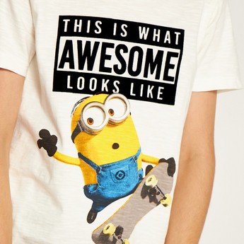 Minion Print Round Neck T-shirt with Short Sleeves