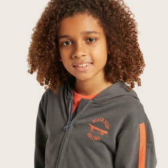 Juniors Printed Hooded Jacket with Long Sleeves and Pockets