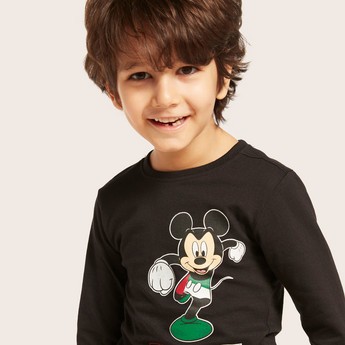 Disney Mickey Mouse Print Round Neck T-shirt with Long Sleeves