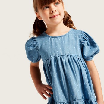 Juniors All-Over Printed Empire Dress with Short Sleeves