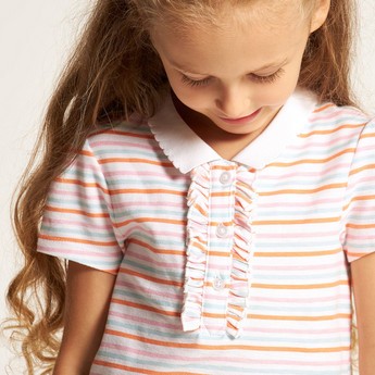 Juniors Striped Polo T-shirt with Ruffles and Short Sleeves