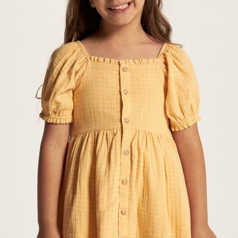 Checked Square Neck A-line Dress with Short Sleeves