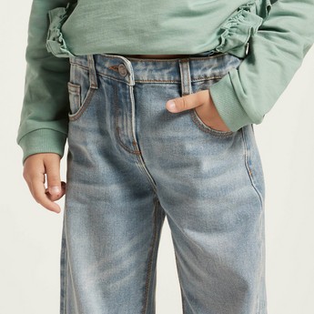 Juniors Solid Denim Pants with Pockets and Button Closure