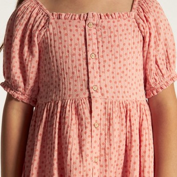 Printed Square Neck A-line Dress with Short Sleeves